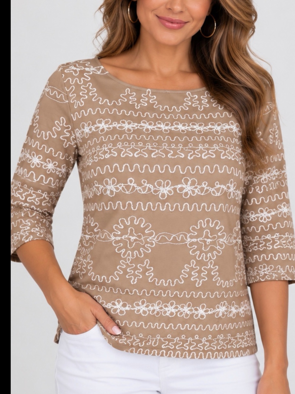 Lilly Pulitzer Tan Tunic Blouse with White Embroidery